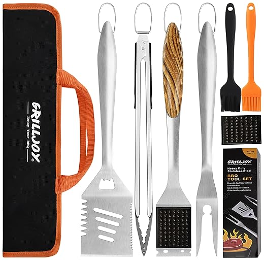 Grilljoy 8PCS Heavy Duty BBQ Grill Tools Set with Extra Thick Stainless Steel Spatula, Fork, Tongs & Cleaning Brush - Complete Barbecue Accessories Kit with Portable Bag - Perfect Grill Gifts for Men