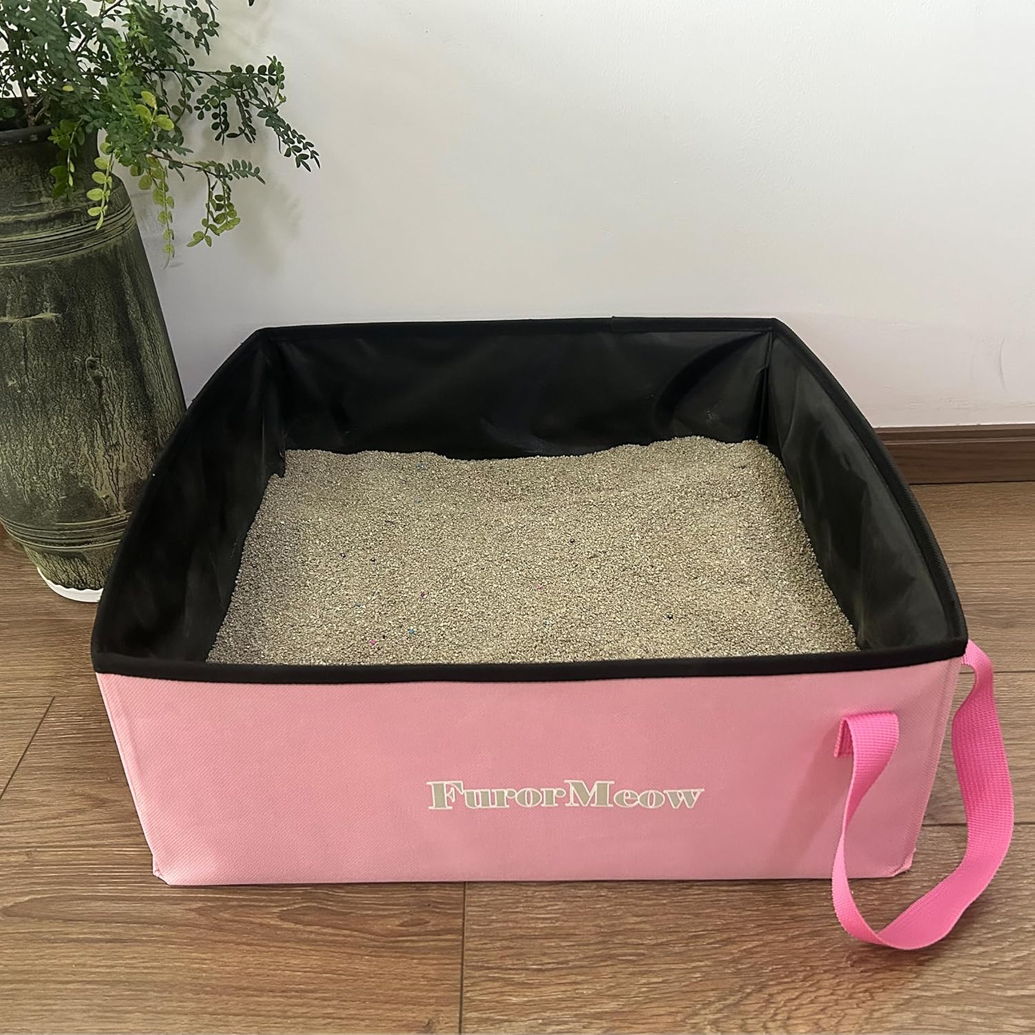 Portable Cat Litter Box, Firm Waterproof Foldable for Travelling for Cats, Including Crinkle Ball, Poop Bags, Foldable Bowl and Scoop, 15.8x15.8x5.9 inches (Pink)