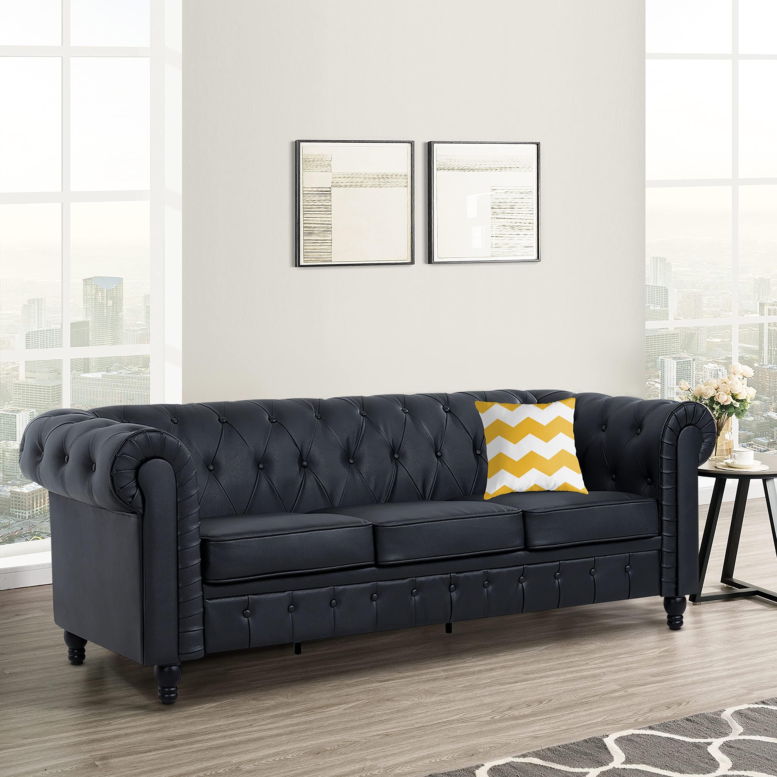 Naomi Home Emery Chesterfield Sofa with Rolled Arms, Tufted Cushions / 3 Seater Sectional Sofa Couch for Small Spaces, Living Room, Bedroom, Apartment, Easy Tool-Free Assembly (Sofa, Black)