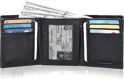 Miniatura 2 de Billetera de cuero triple para hombre con RFID Carteras delgadas para hombres con 1 identificación y 6 ranuras para tarjetas de crédito Bolsillo
