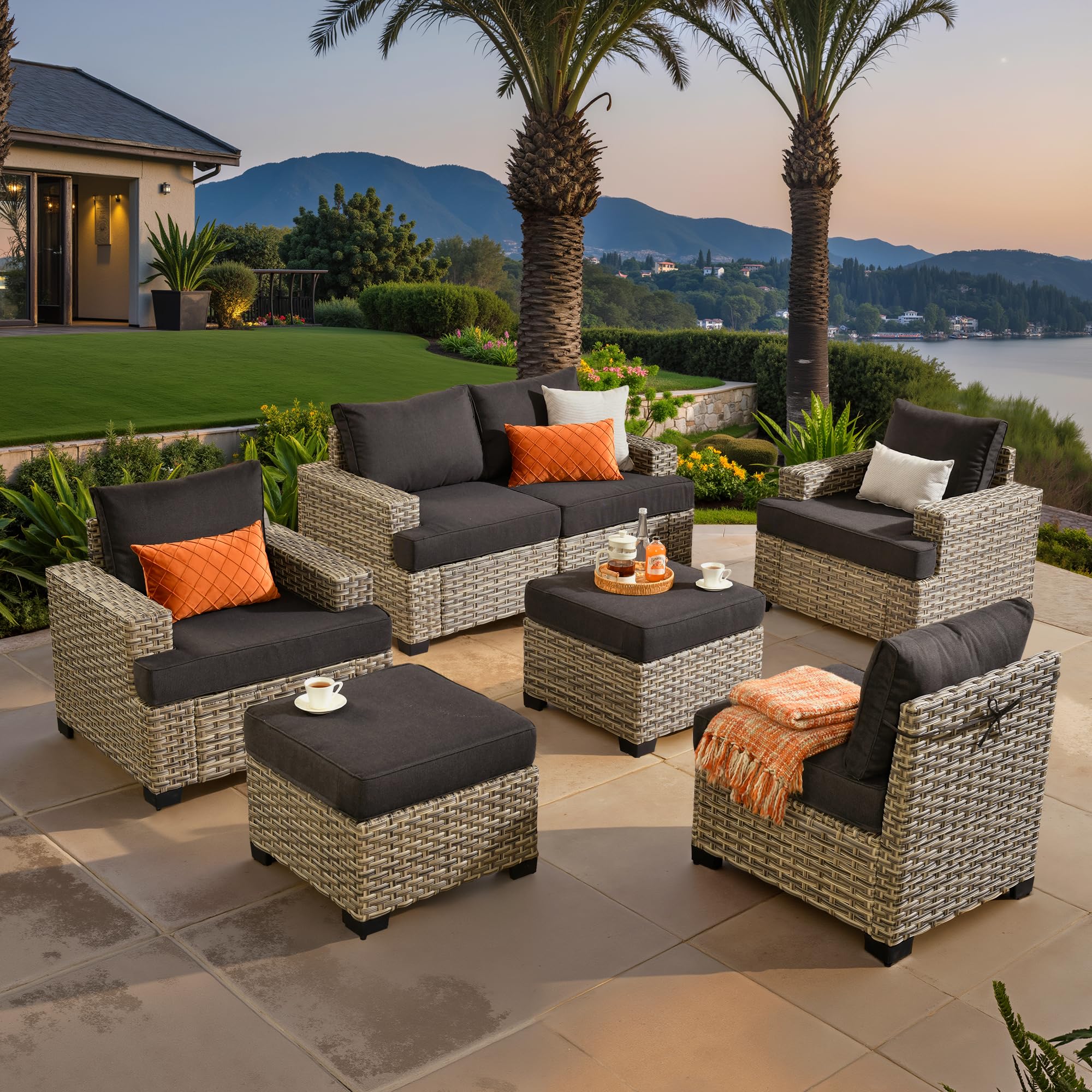 ovios 7 Piece Patio Sectional Furniture, Rattan Wicker Coversation Couch Set, Outdoor Sofa Set for Outside Porch Balcony Backyard Pool,Black