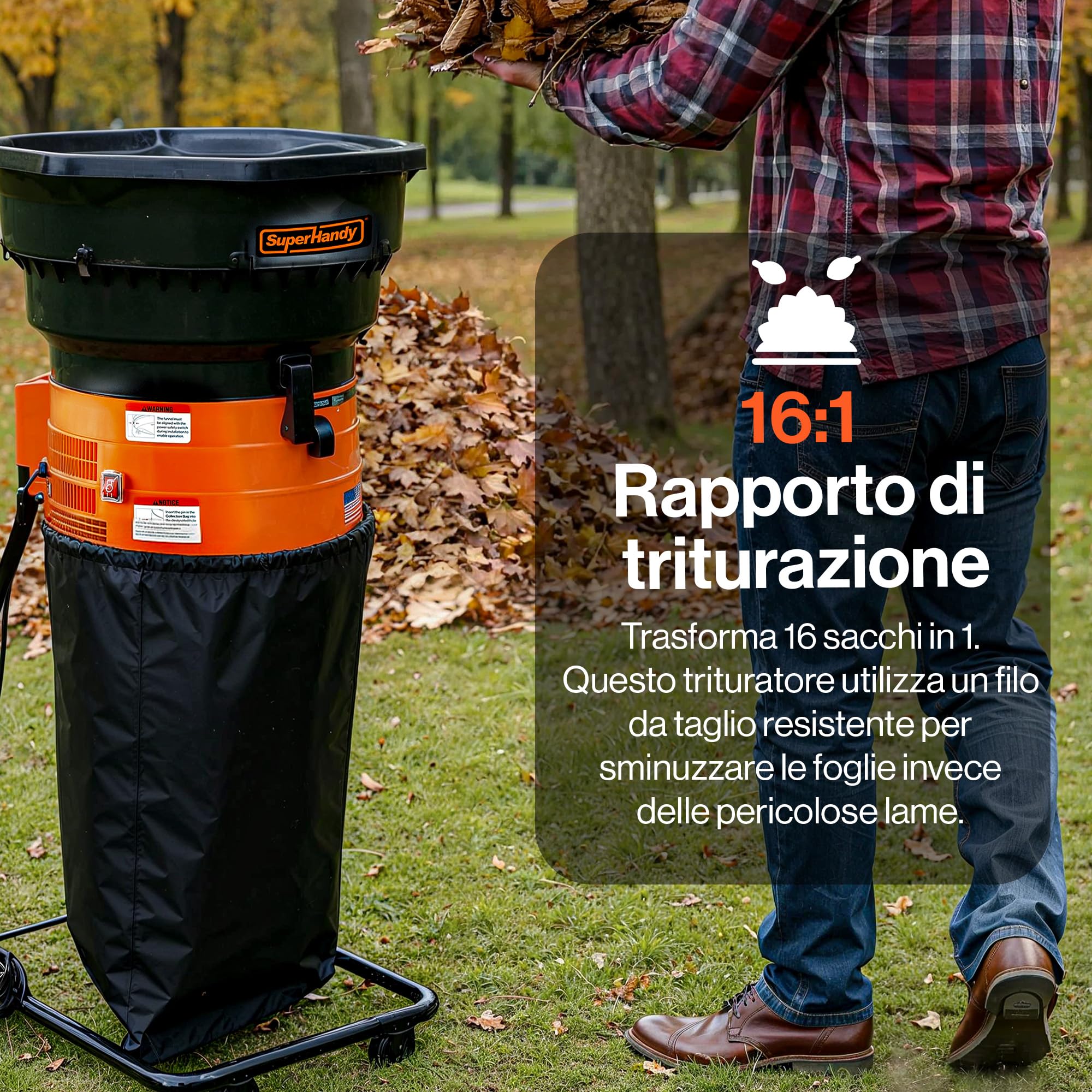 SuperHandy Mulcher & Broyeur sans lame per foglie da giardino – Motore da 1800W, Imbuto da 50 cm, Rapporto di triturazione 16:1, Sacco di raccolta da 80 L, Design leggero da 8,5 kg