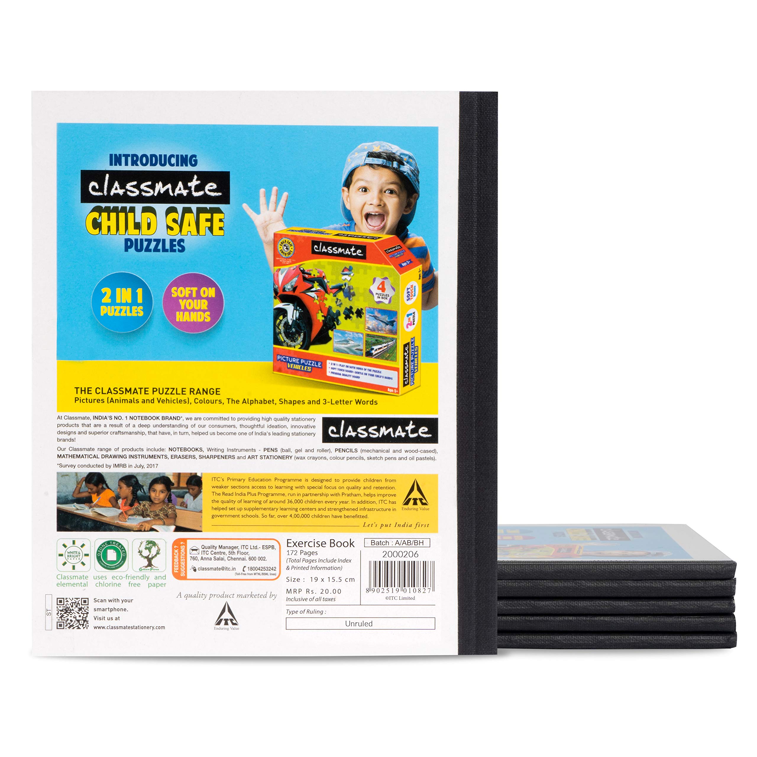 Classmate Notebook - Unruled, 172 Pages, 190 mm x 155 mm - Pack of 5 1