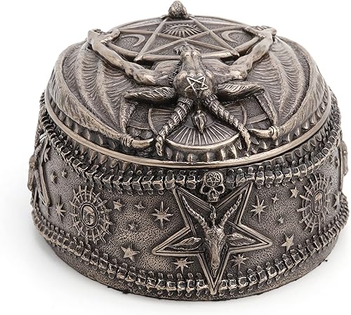 Miniatura 6 de Veronese Design 5 1/4 pulgadas Wiccan pentagram Baphomet Oval en forma de baratija caja de baratija Escultura de resina Acabado de bronce