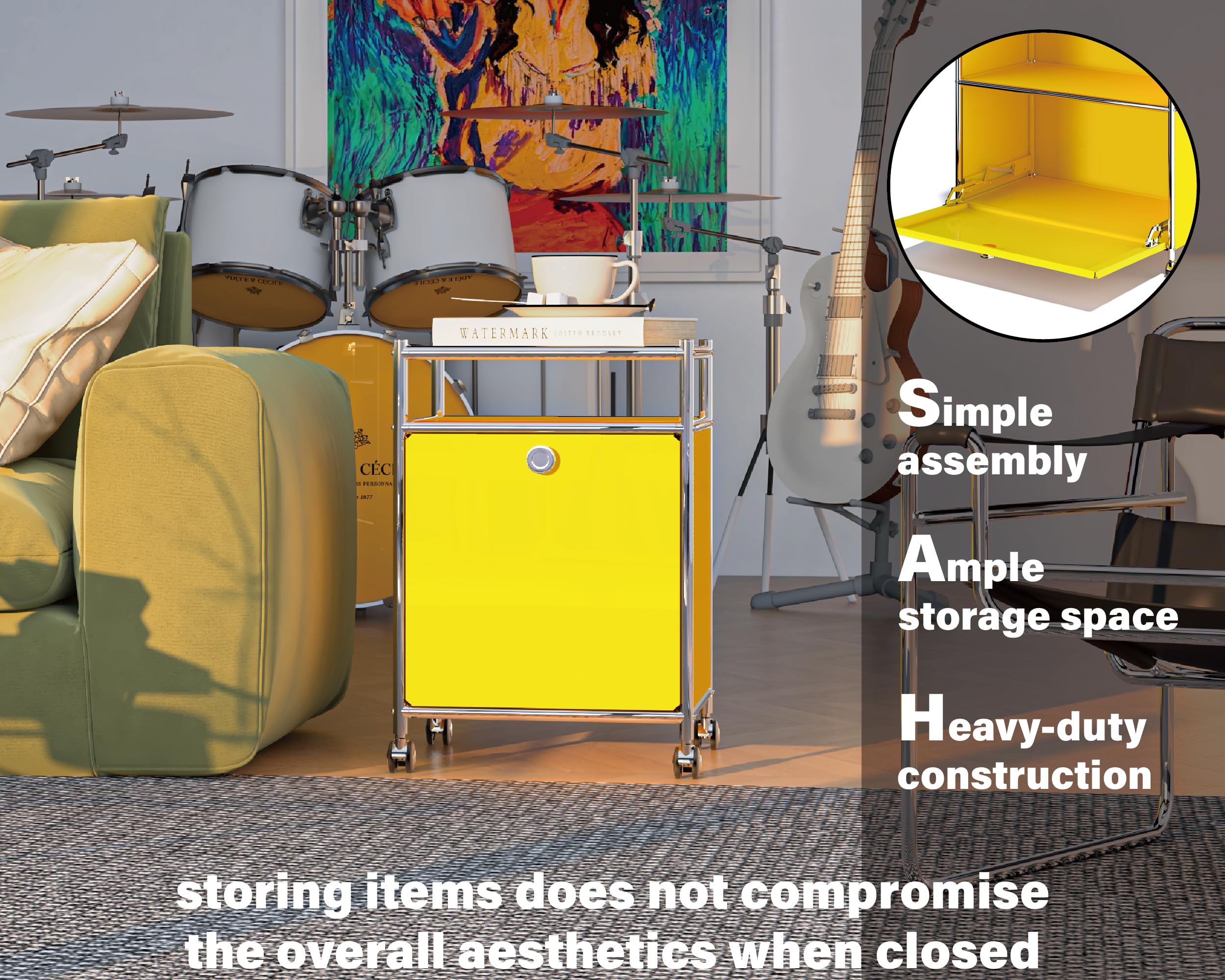Chariot de Rangement Mat avec Porte à Rabat, Grande capacité, roulettes Amovibles, mobilier Moderne à Monter soi-même, idéal pour la Maison, Le Bureau, la Chambre, la Cuisine (Jaune Mat)