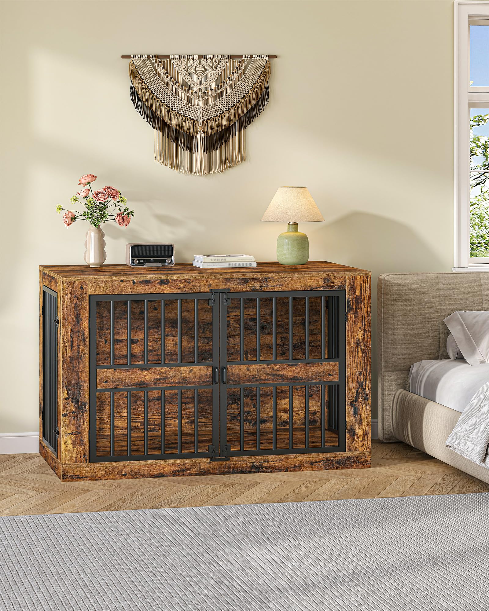 Hzuaneri Cage pour Chien, 120 cm Niche d'Intérieur en Bois Design Moderne 4 Portes, XXL Table d'Appoint Salon pour Chien Moyens et Grands, 120 x 75,5 x 87 cm, Marron Rustique 9220101B