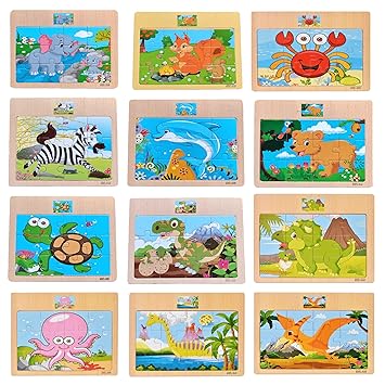 KIDS KINDLY Wooden 12 Piece Jigsaw Puzzle for Kids, Animals Theme Game, Promotes Fine Motor Skills, Improve Hand-Eye Coordination, Increases Attention, Puzzle Game for Kids - 3 Years+ (Pack of 06) - image, photos