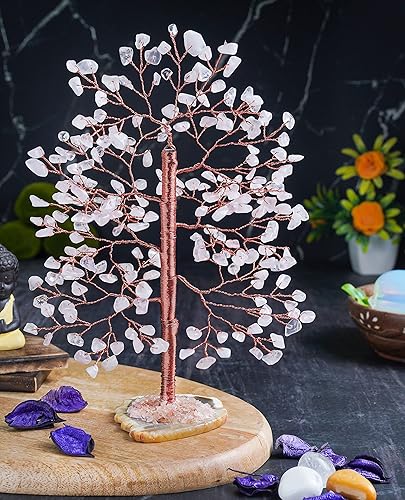 Árbol de la vida de cristal de cuarzo rosa, árbol de piedras preciosas hecho a mano, base de rodajas de ágata geoda, árbol de la vida de chakras,