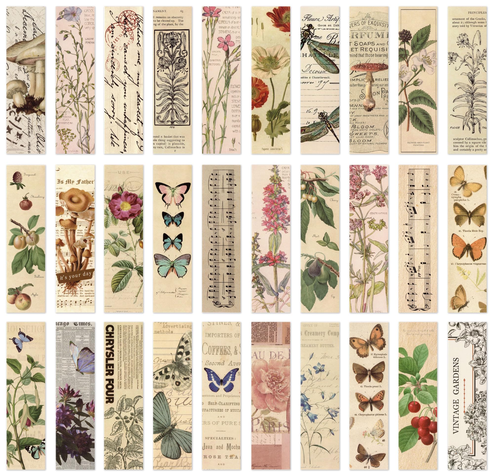 Vintage Natural Style Butterfly Flower Plant Bookmarks, 30PCS (Gentle Whispers)
