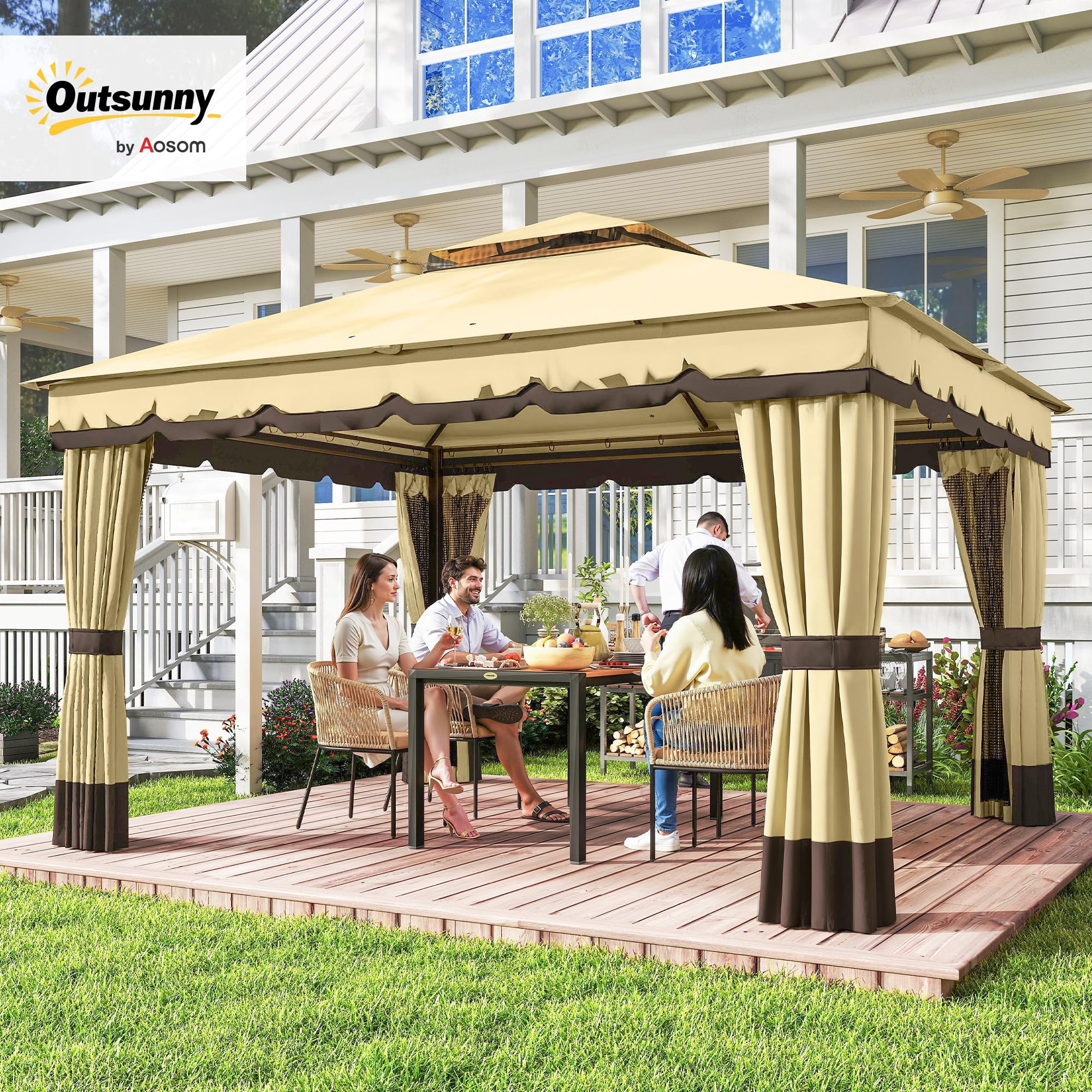 Outsunny Cenador de Jardín 3,7x3 m, Pabellón de Jardín Gazebo con Doble Techo, 4 Cortinas y Mosquitera, Marco de Acero, Orificios de Drenaje, UV30+, para Exterior, Terraza, Patio, Beige
