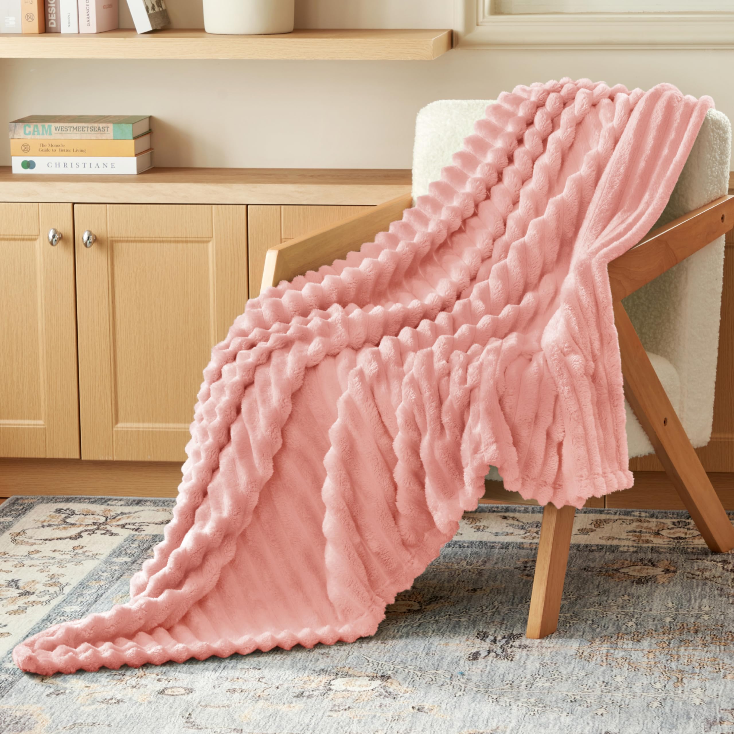 Joiedomi Throw Blanket for Couch, Soft Pink Fleece Blankets Birthday Gifts for Women Mom Girls, 3D Ribbed Jacquard Cozy Cute Soft Throw Aesthetic Gifts 50x60 InchesOEKO-TEX STANDARD 100