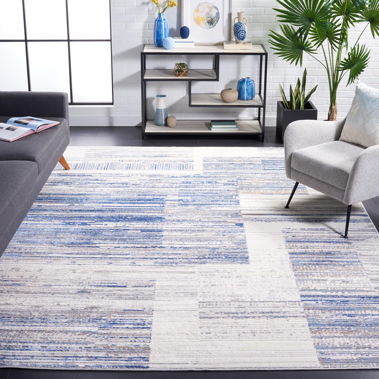 SAFAVIEH Shivan Collection Area Rug - 9' x 12', Ivory & Blue, Modern Abstract Distressed Design, Non-Shedding & Easy Care, Ideal for High Traffic Areas in Living Room, Bedroom (SHV198M)