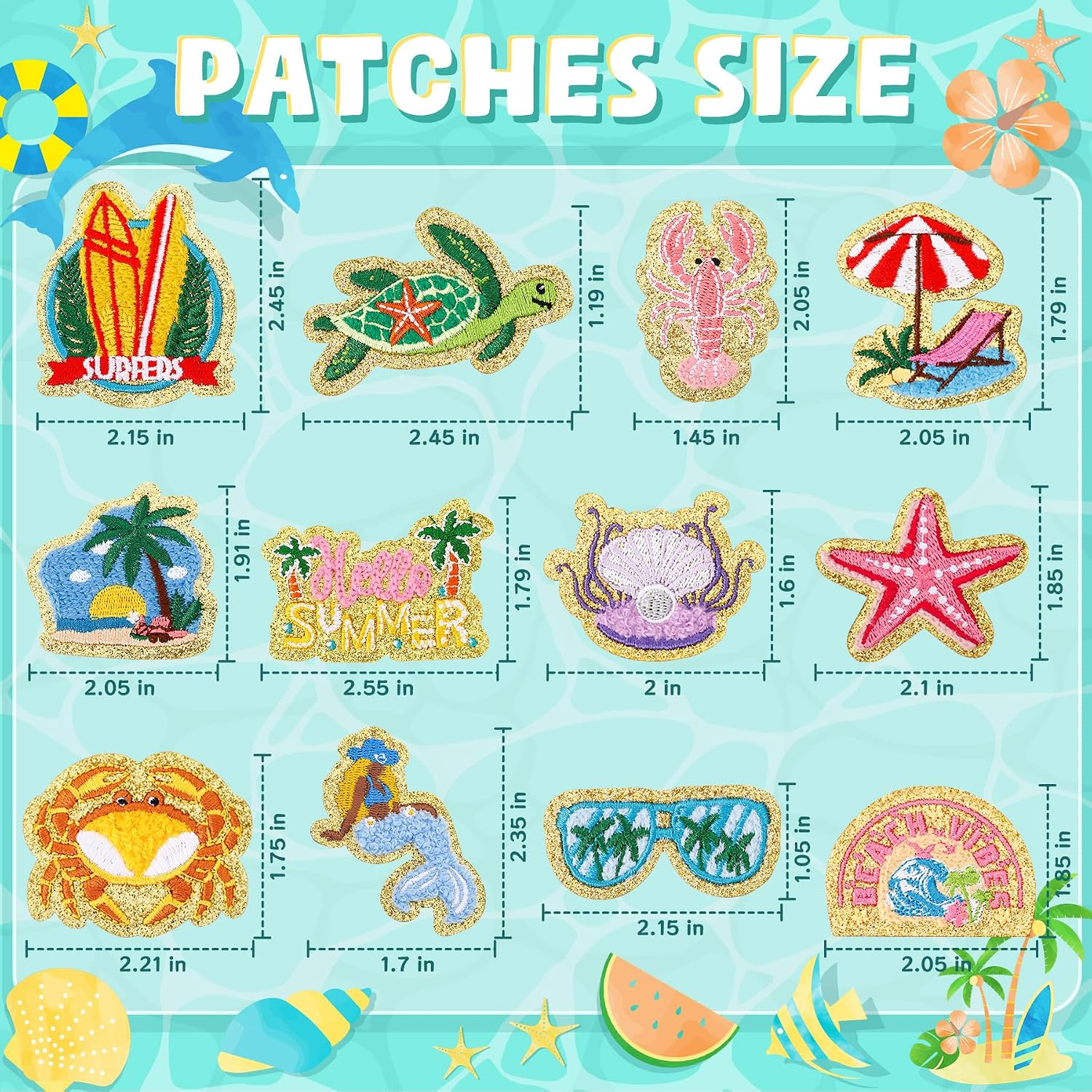 50 Pcs Hello Summer Patches Ocean Patches Self Adhesive Hawaii Beach Patch,Embroidered Cute Coastal Sea Animals Patch Stick on,Chenille Patches Summer Ocean Stickers for Hats Bags Backpacks