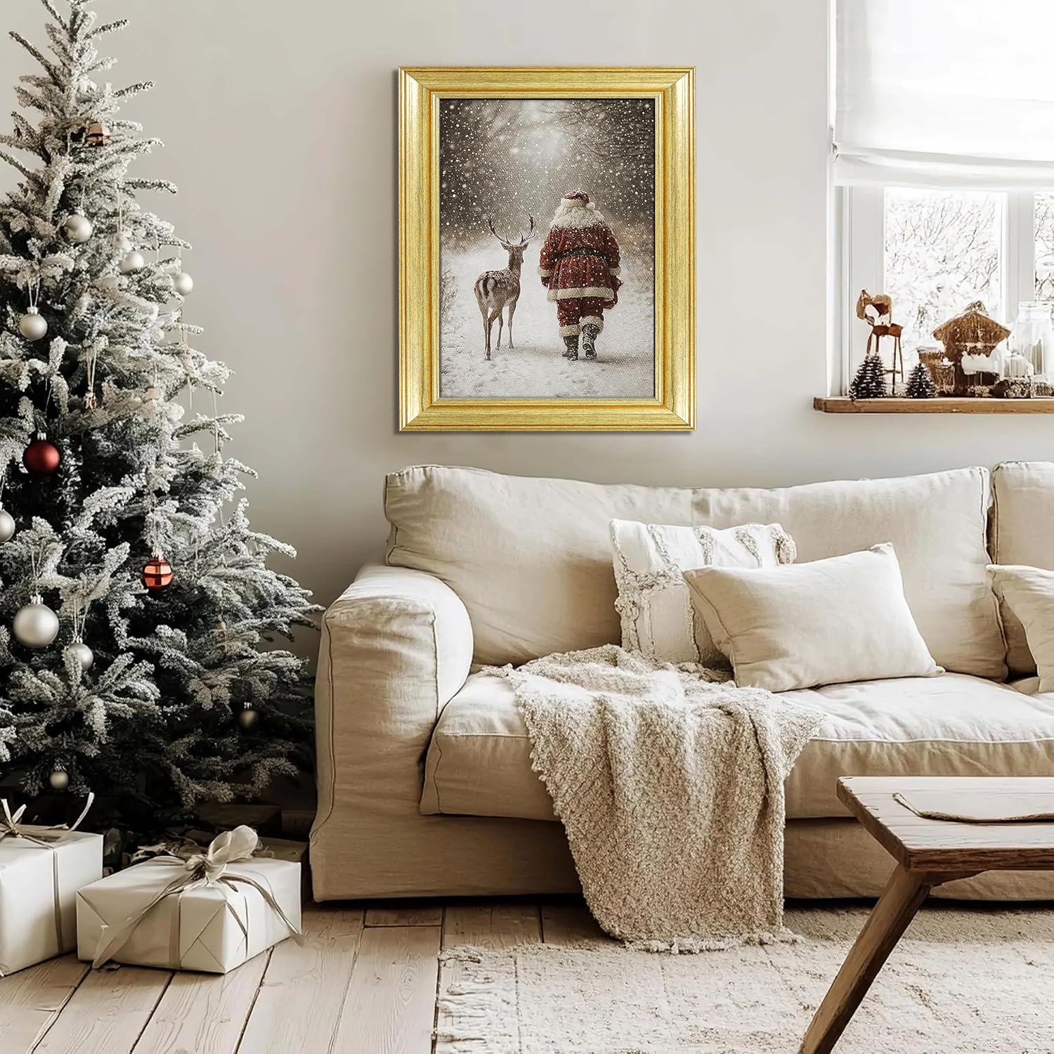 ARTZIO Gold Framed Vintage Wall Art for Living Room,Santa and Reindeer in Snow Landscape Canvas Prints Art decor,Christmas Painting Picture for Bedroom Wall Decor,Christmas Gifts for Friends or Family(12"x16")