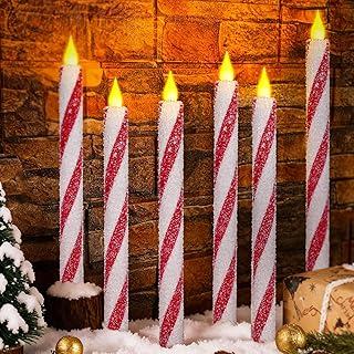 Christmas Flickering Flameless Taper Candles - 6PCS Glitter Candy Cane Red and White Stripes Sea Salt Real Wax Battery Operated Candles for Christmas Party Wedding Winter Home Decoration Xmas Decor
