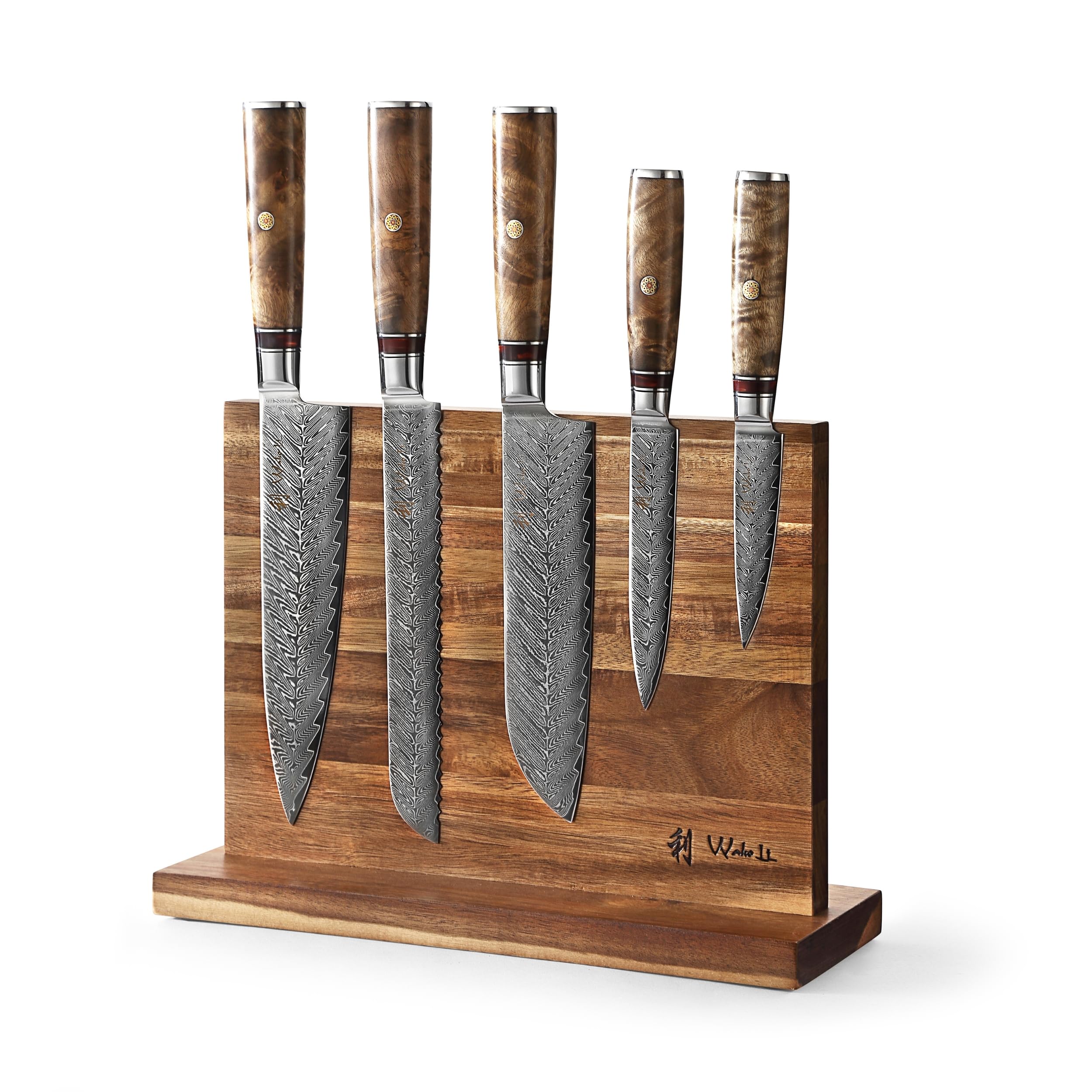 Wakoli Culinary Sycamore Messerblock Set, 5 Messer aus 67 Lagen Damaststahl | Kochmesser, Brotmesser, Santoku, Allzweck- und Officemesser mit VG10 Kern, Berghorngriffen und Magnetblock aus Akazienholz