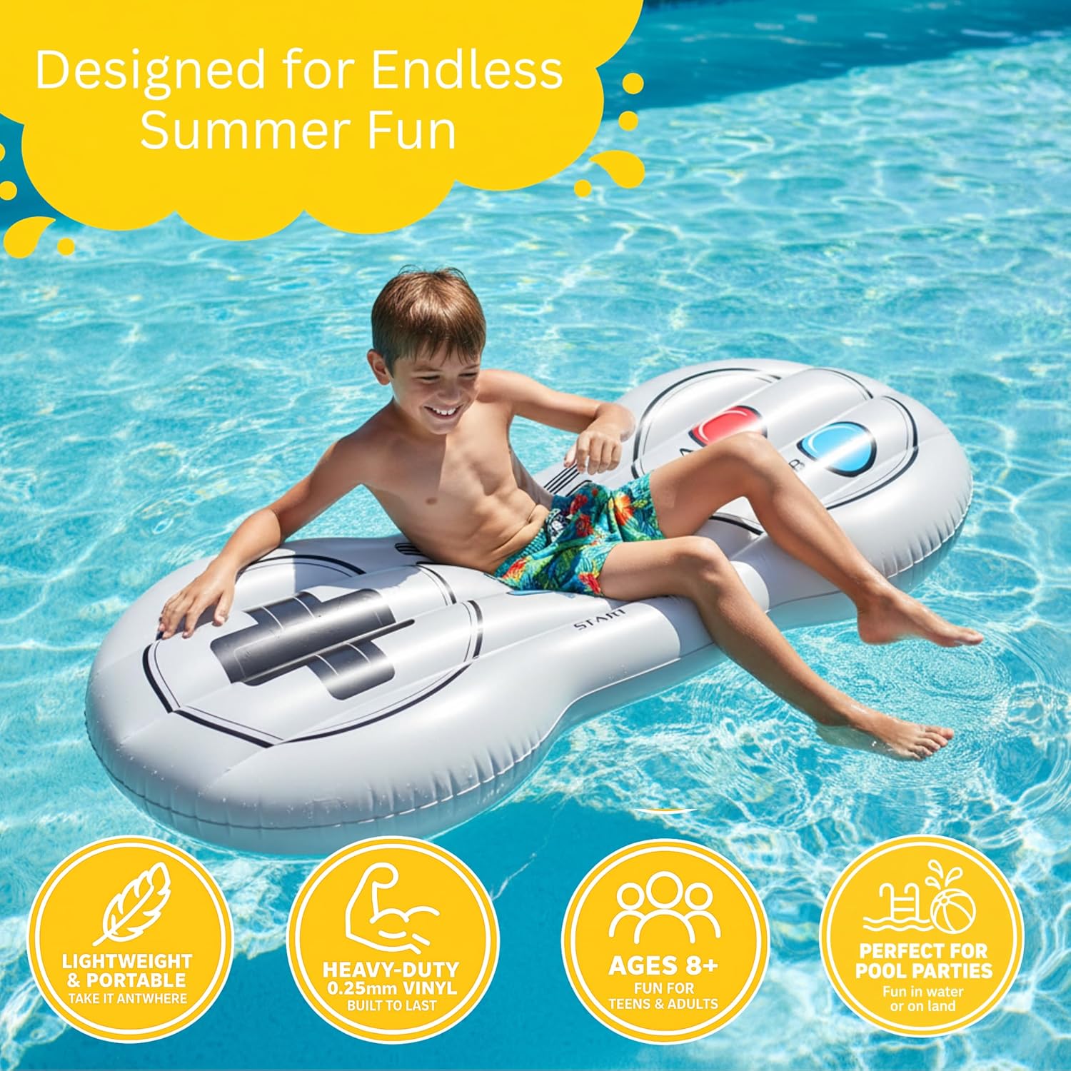 Coconut Outdoor Retro Game Controller Pool Float – Giant Inflatable Raft – Durable Long Lasting 6 Foot Lounge Tube and Water Toy – Fun Decoration for 80’s & 90’s Parties, Events – Ages 8+ Years