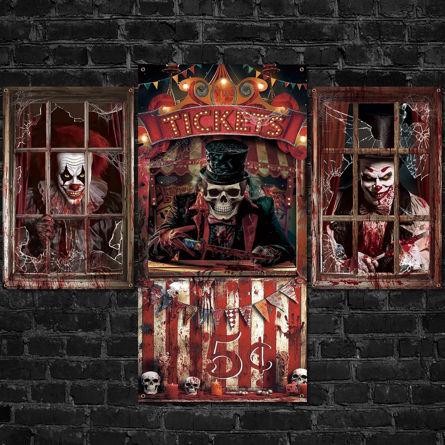 Fanfanwin 3 PC Clown Halloween Window Door Covers, Creepy Circus Door Decor