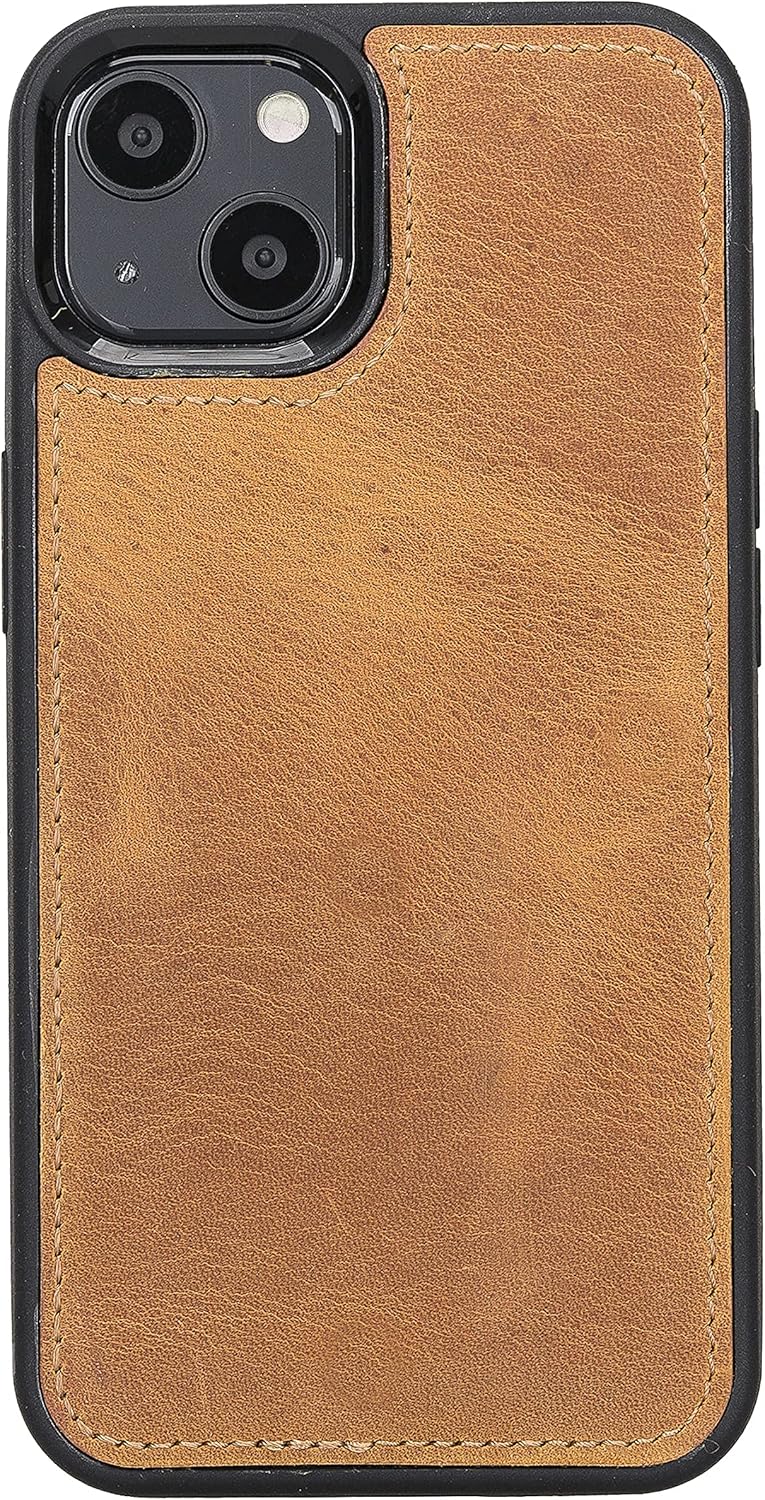 Bayelon Leather Case Compatible with iPhone 13, Full Grain Leather Wallet Case, [2in1] Detachable Magnetic Phone Cover, Flip Cover with Card Slots, Kickstand (Antique Camel)