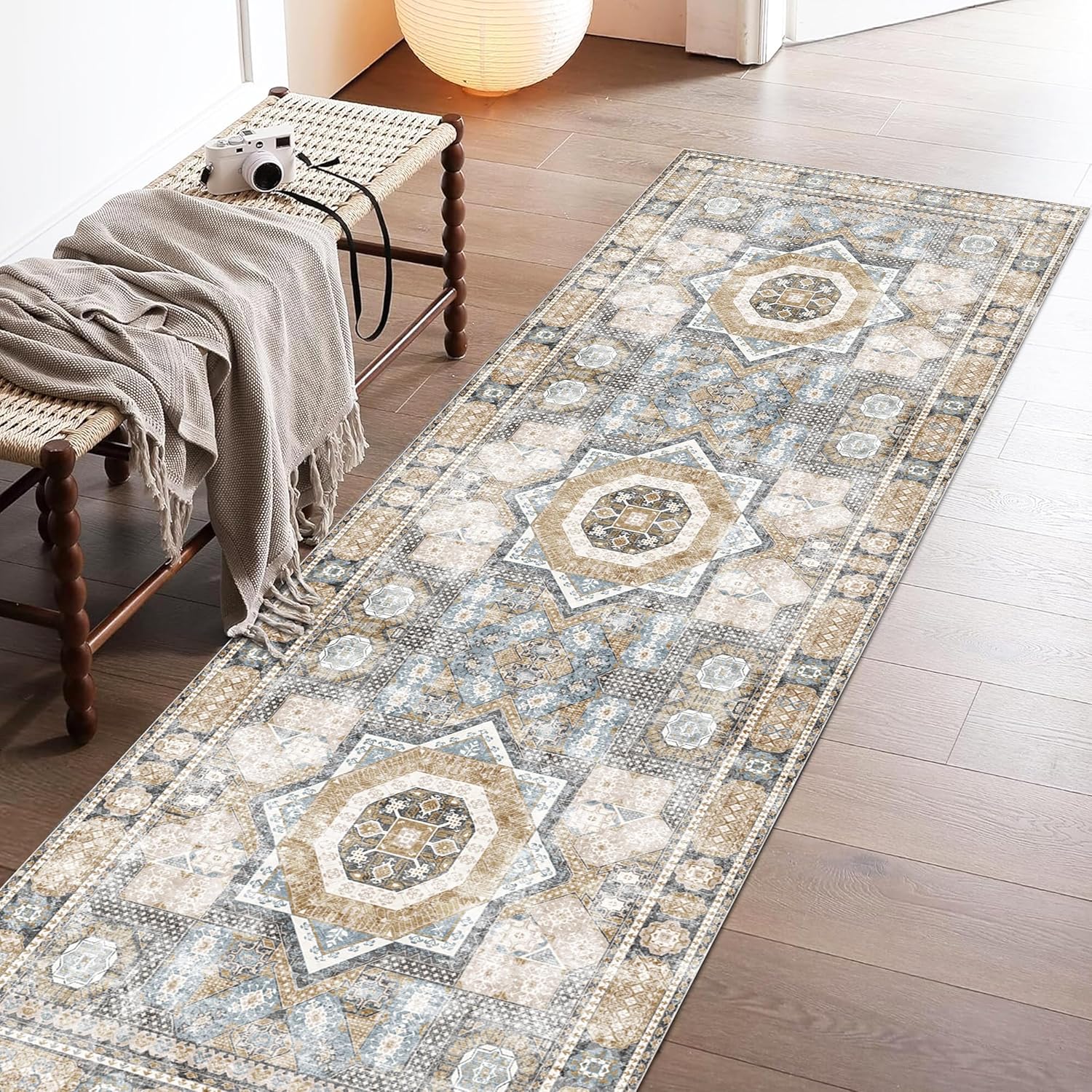 Machine Washable Rug 2'6'' x 8' Vintage Design Area Rugs with Non Slip Rugs for Living Room Bedroom Carpet Stain Resistant, Home Decor Office Boho Rug, Brown