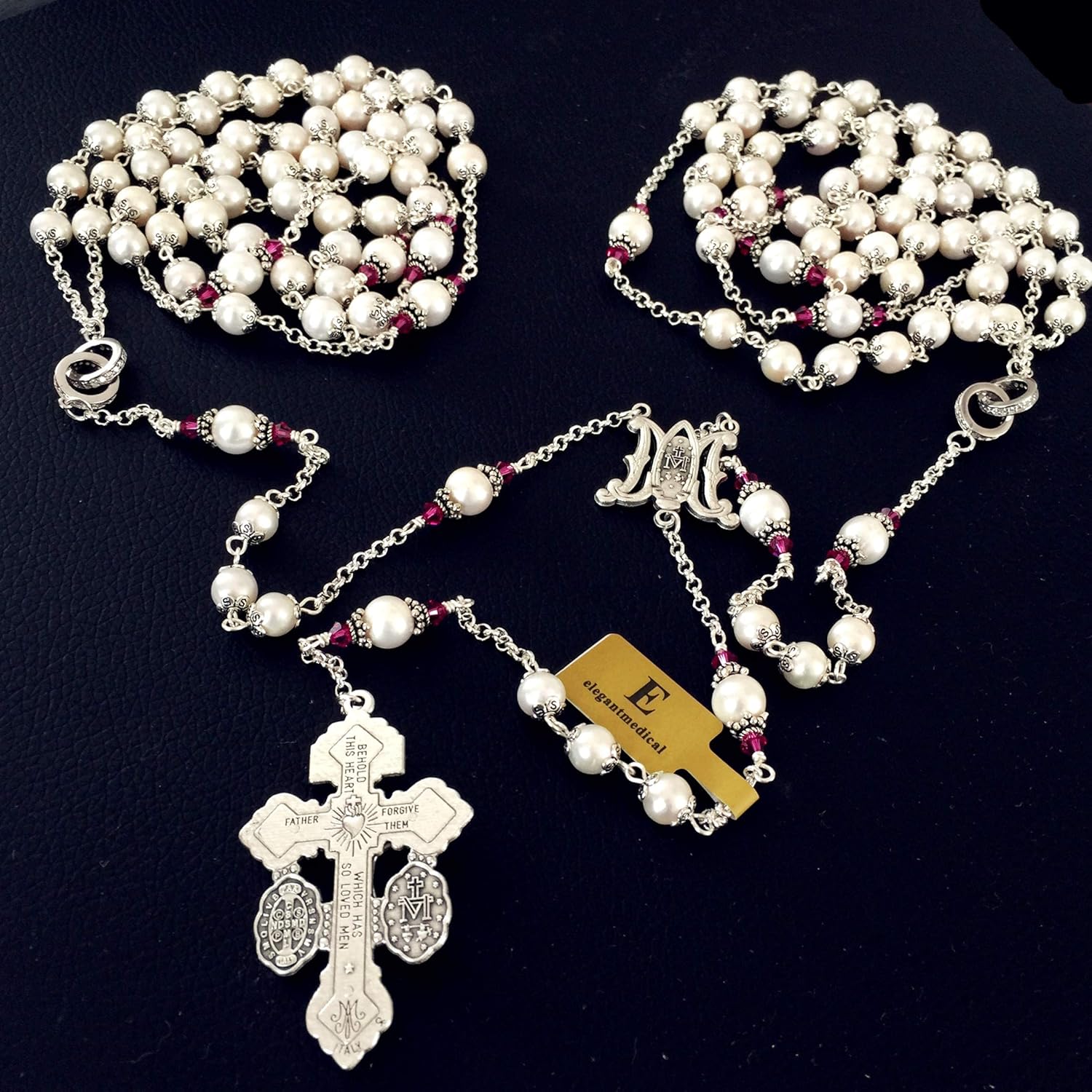 elegantmedical HANDMADE Real Pearl lasso wedding rosary Cross Necklace Box