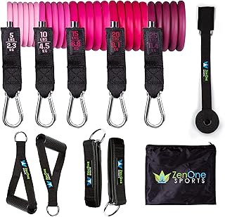 ZenBands Set Bande di Resistenza, Bande Elastiche con Maniglie, Ancoraggi e Cinghie per i Piedi, Fasce Elastiche per Pilates, Yoga e Fisioterapia incl. E-Book, Guida con Esercizi e Borsa
