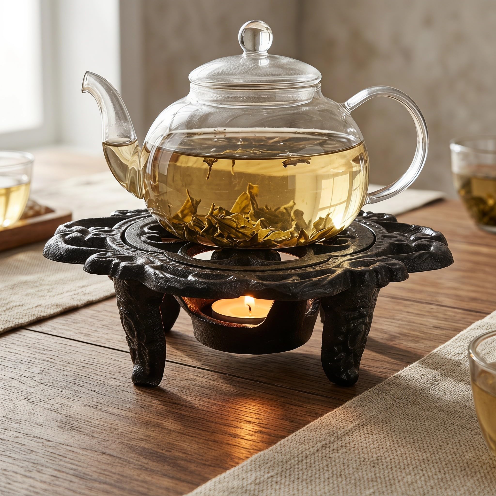 Operitacx Calentador de Tetera de Hierro Fundido, salvamanteles Resistente de 15 cm para Calentar Velas de té, Soporte rústico para Velas de Tetera para Preparar café, Leche y té.