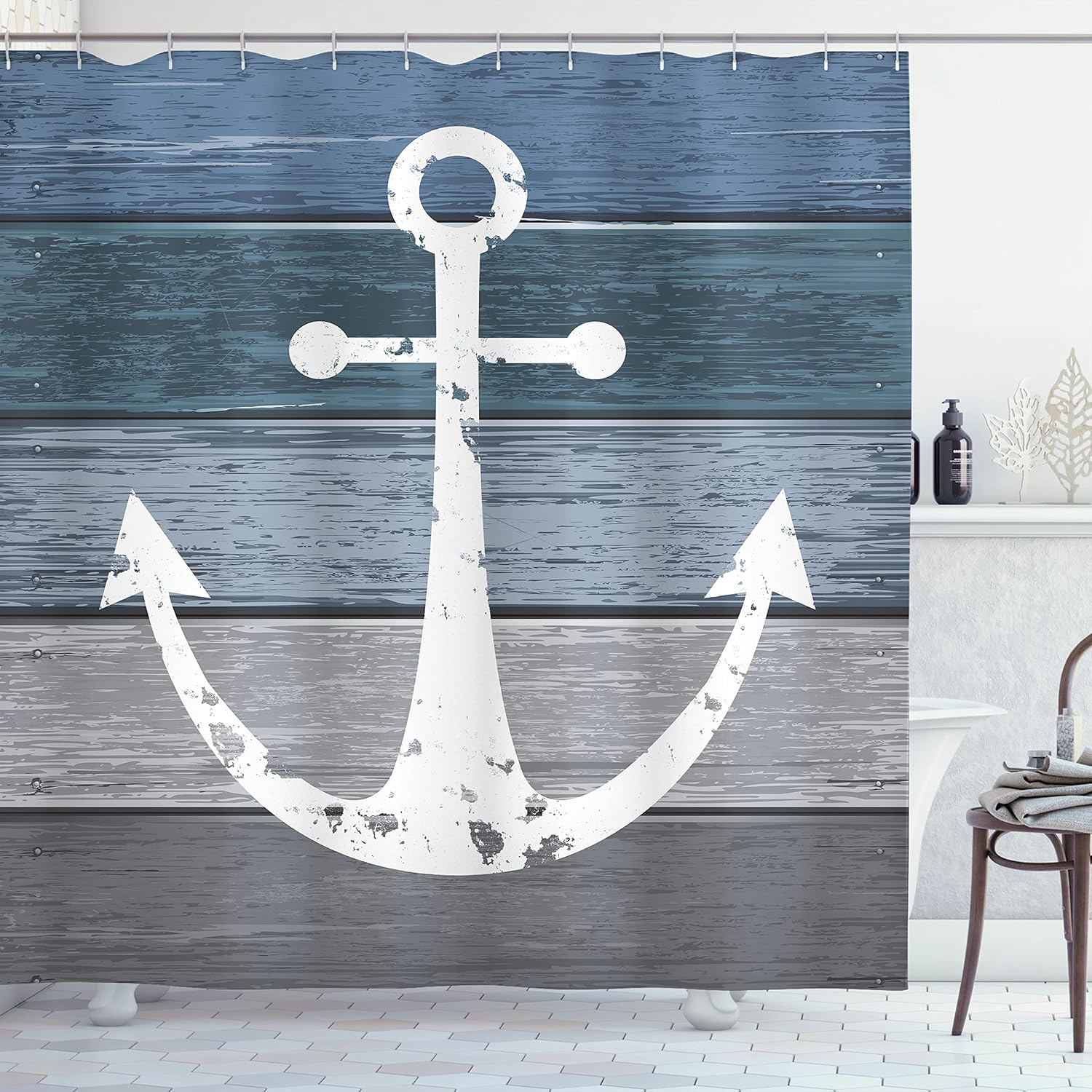 Ambesonne Anchor Shower Curtain, A Drawing Nautical Style Rustic Illustration of Maritime Motif on Old Planks, Cloth Fabric Bathroom Decor Set with Hooks for Home Decoration, 69" W x 84" L, Blue Grey