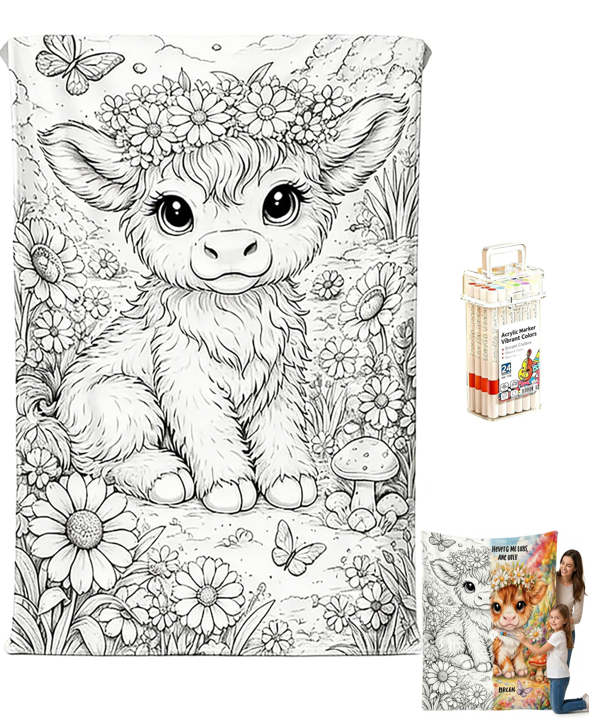 Highland Cow DIY Colouring Flannel Blanket with 24 Colour Markers，30x40inch