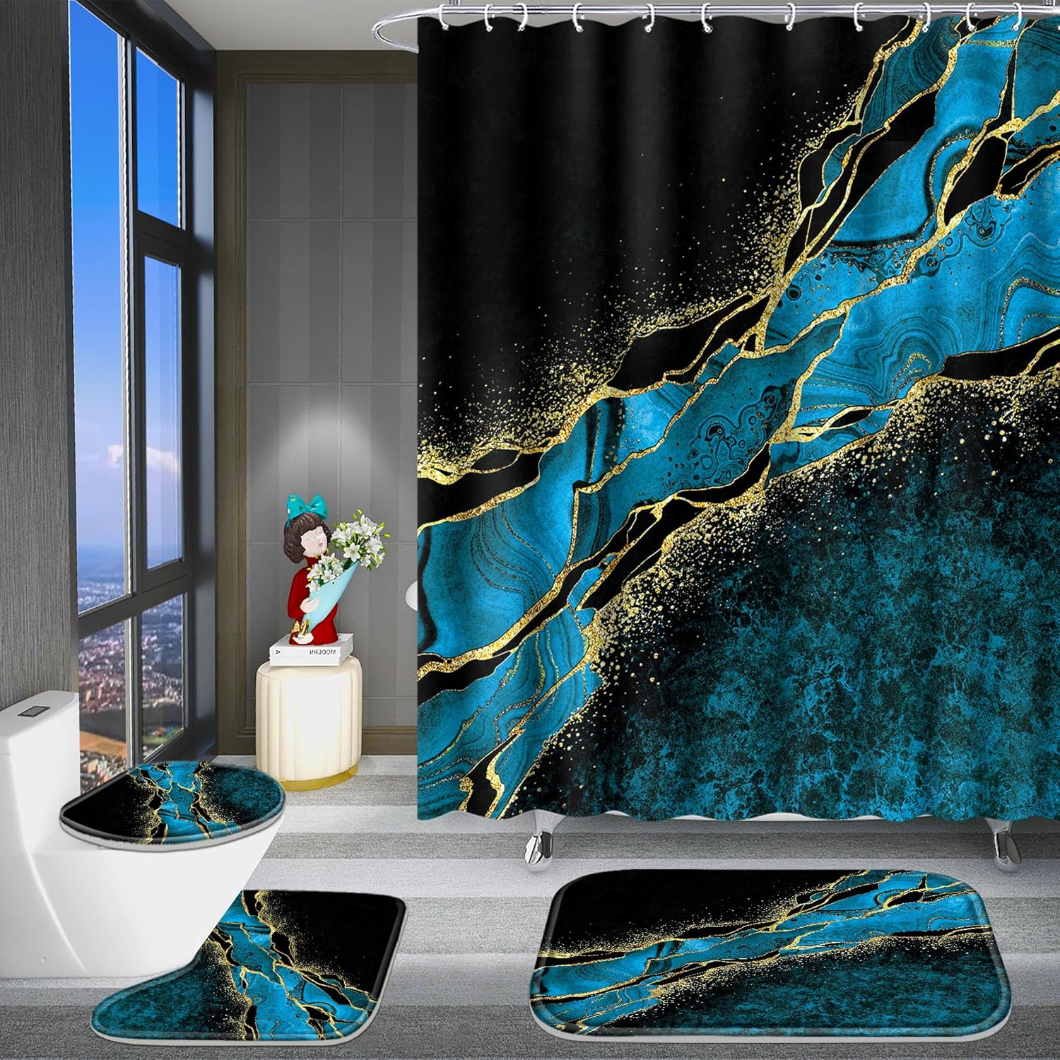 Poedist 4 Pcs Gold Edge Marble Bathroom Shower Curtain Set, Bathroom Sets with Shower Curtain and Rugs(Bath Mat,U Shape and Toilet Lid Cover Mat) and 12 Hooks-Sky Blue