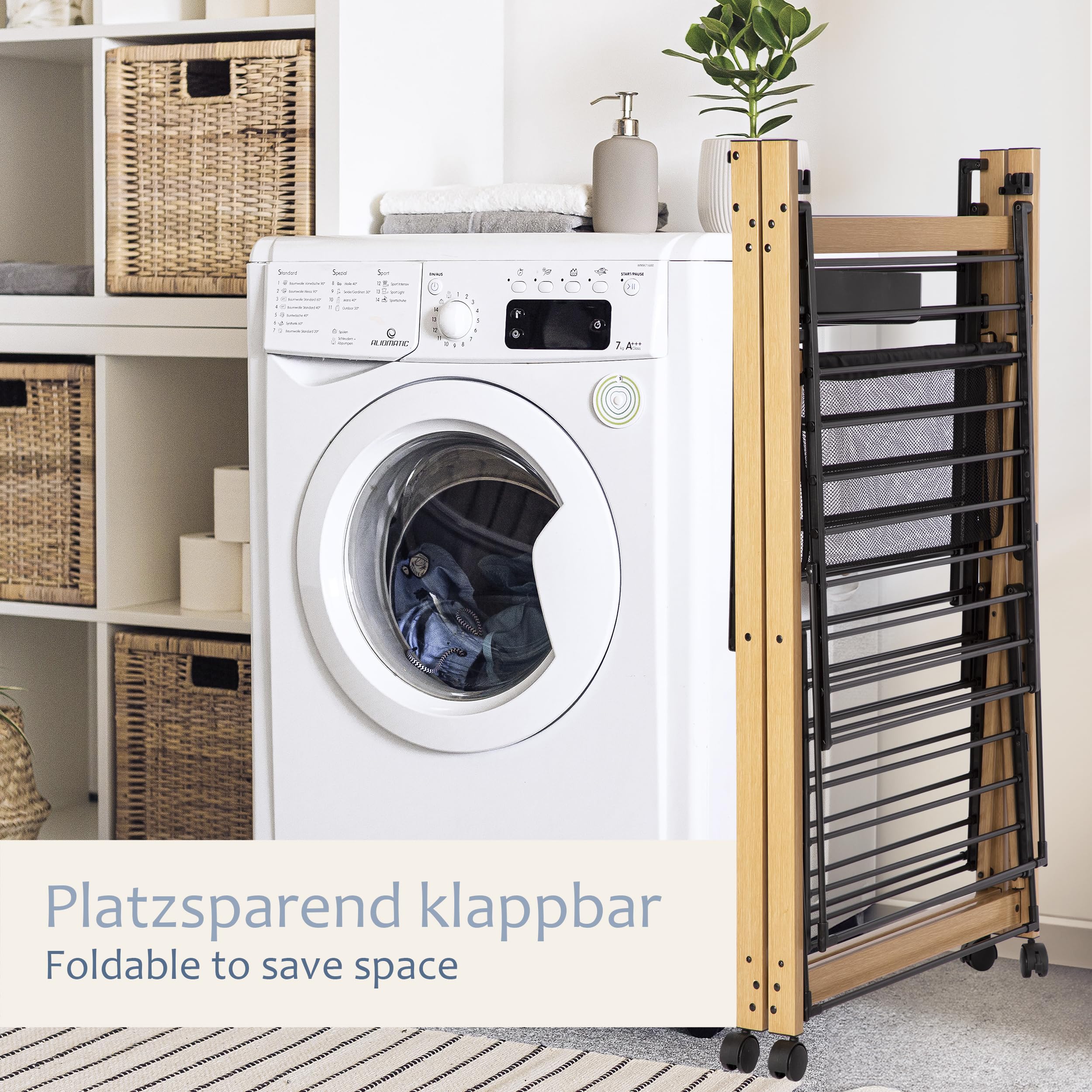 ONVAYA® Faltwäscheständer ǀ Wäscheständer ǀ ausziehbar für Außen- und Innenbereich ǀ inkl. Klammerbox und Netz ǀ platzsparend ǀ Wäscheturm ǀ Holzoptik ǀ Flügelwäschetrockner mit Rollen