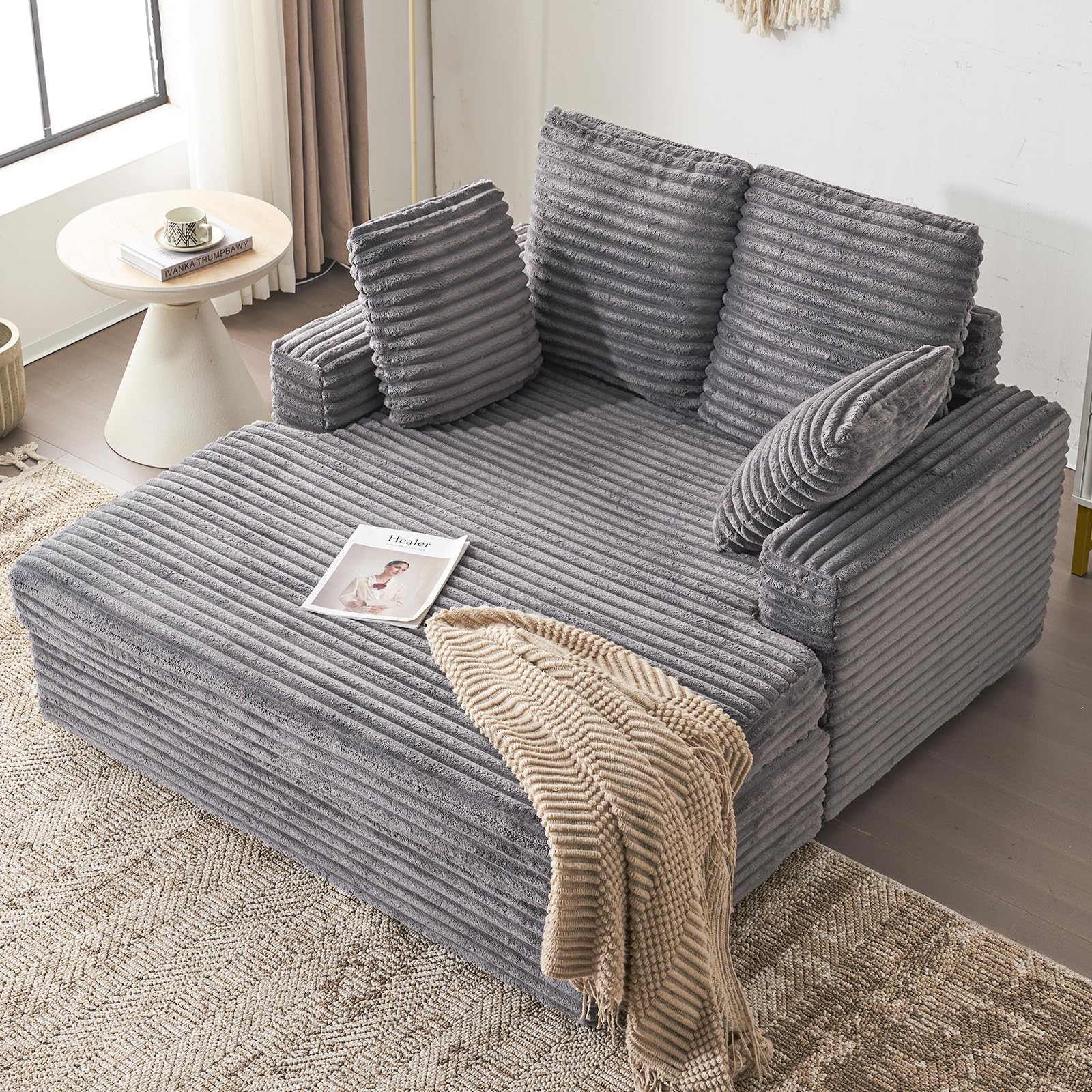 Furnimart Chaise Lounge Chair Indoor, 58 Inch Sleeper Sofa with 2 Throw Pillows, Fluffy Corduroy Loveseat Couch for Living Room, Comfy Oversized Reading Chair, Gray