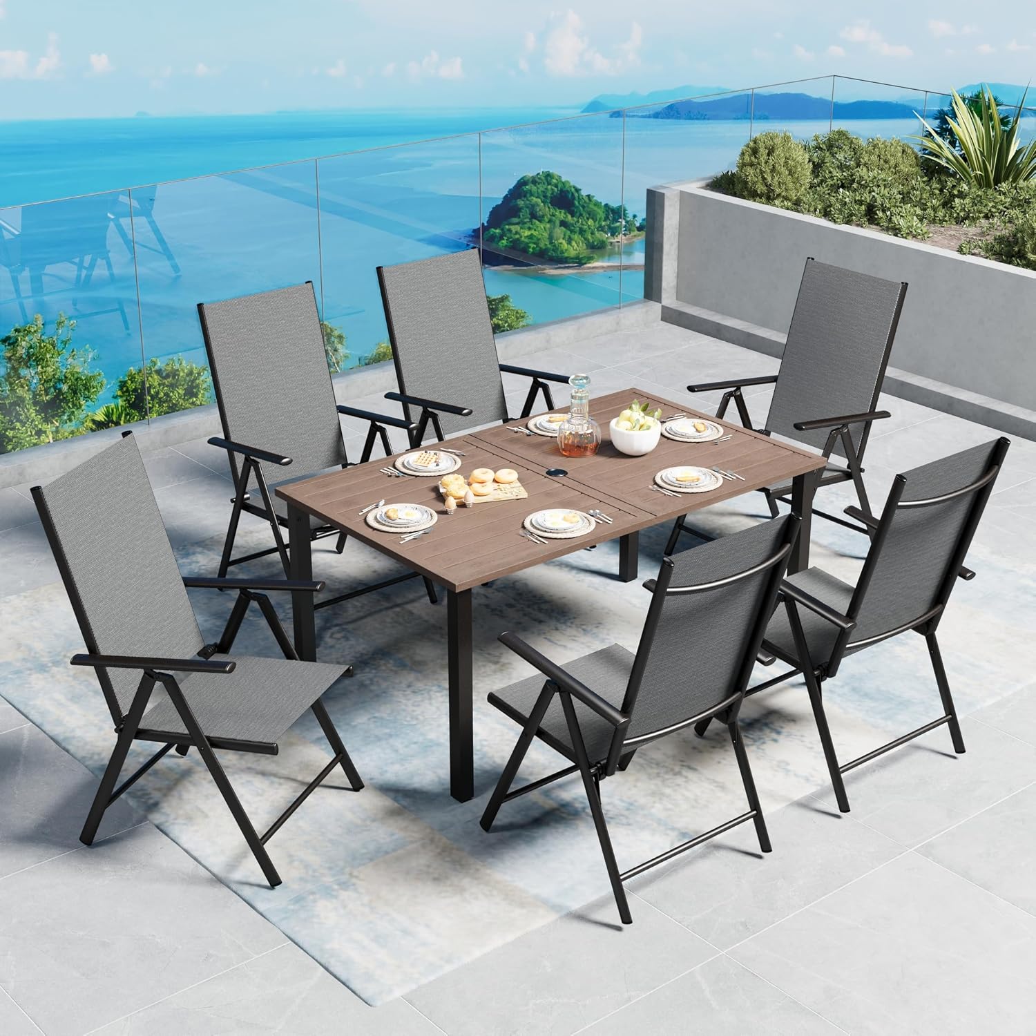 SUNSHINE VALLEY 7 Piece Outdoor Patio Dining Set for 6, 7 Levels Adjustable Foldable Patio Chairs and Patio Table with Umbrella Hole for Garden，Lawn,Deck and Backyard