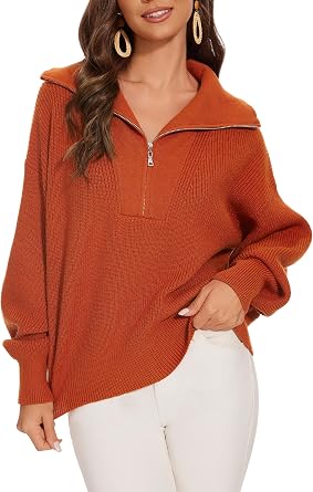 Womens Casual Long Sleeve Half Zip Lapel Sweaters Fall Chunky Loose Knit Pullover Tops