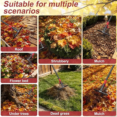 Miniatura 9 de Rastrillo de 61 pulgadas para hojas, 18 dientes ajustables con cabeza expandible, rastrillo de césped de 9 a 18 pulgadas, rastrillos de metal
