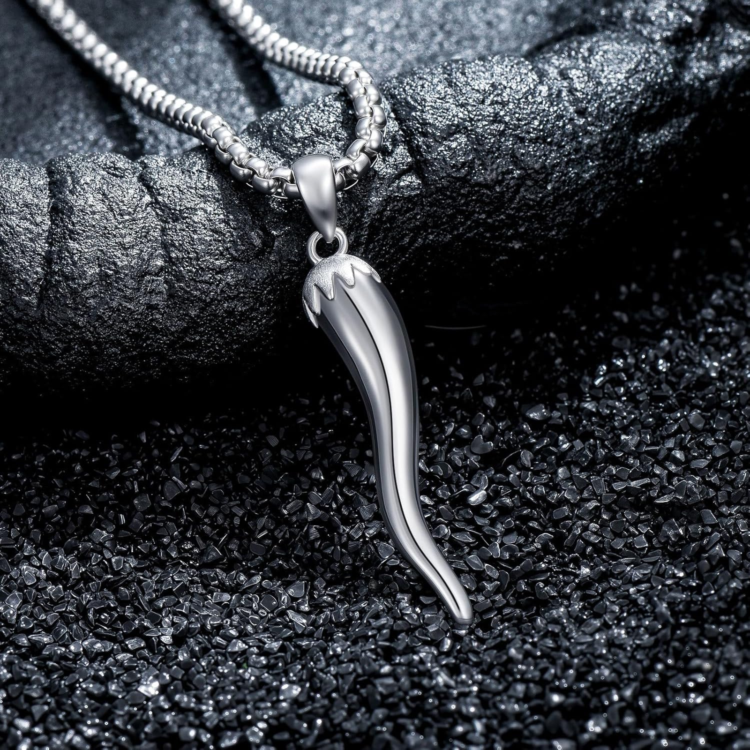 Italian Horn Necklace 925 Sterling Silver Italian Horn Cornicello Pendant Lucky Jewelry for Women Men, w/Stainless Steel Chain 22"+2" - Image 2