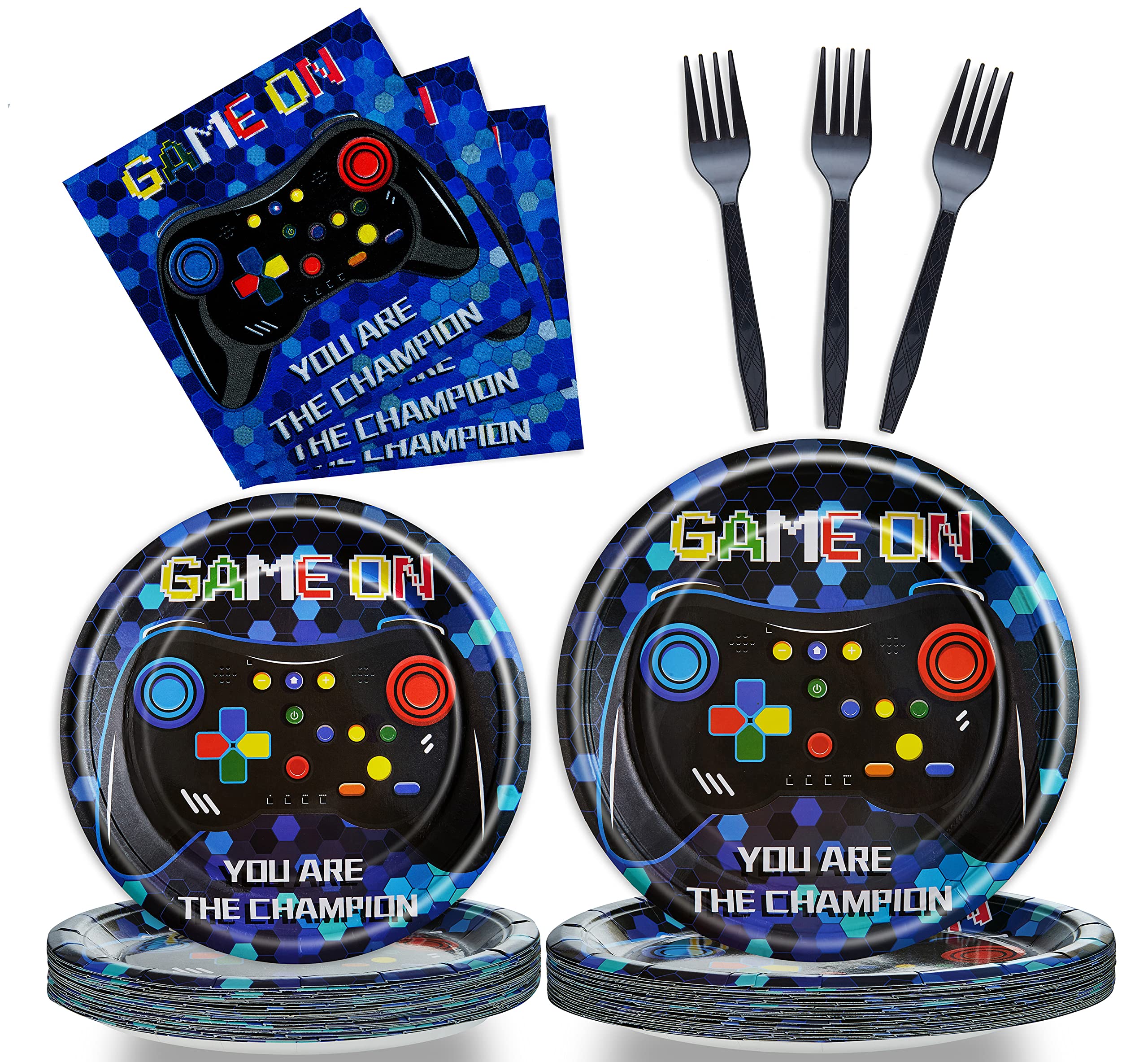 96 Pcs Video Game Birthday Party Plates Napkins Forks Supplies Tableware Set Disposable Table Boys Gaming Theme Decoration for Kids Birthday Party,