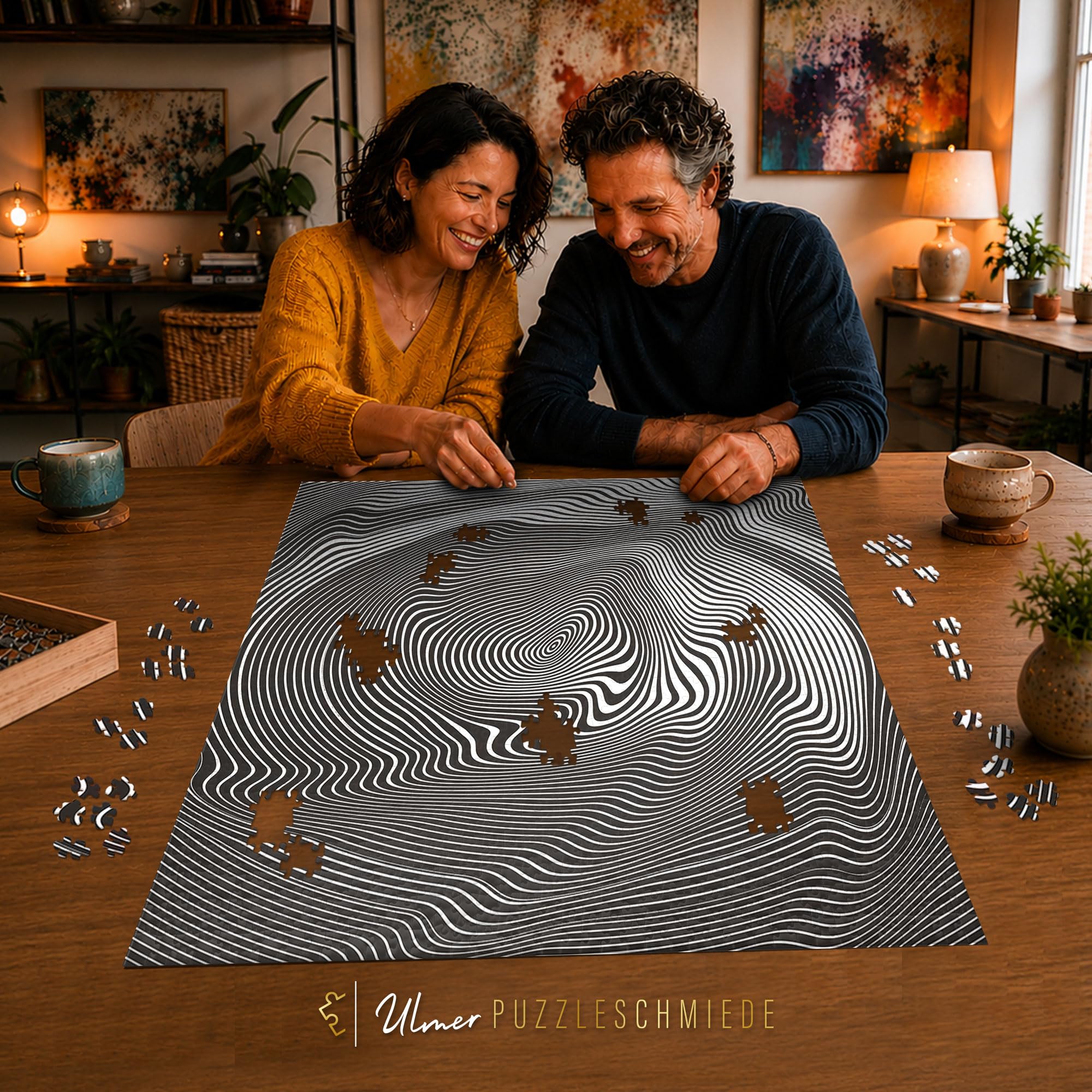 Ulmer Puzzleschmiede - 2000 Teile Impossible Puzzle Irrwitz - Schwarz-weiß-graue geometrische Linien - Nichts für Puzzle-Anfänger