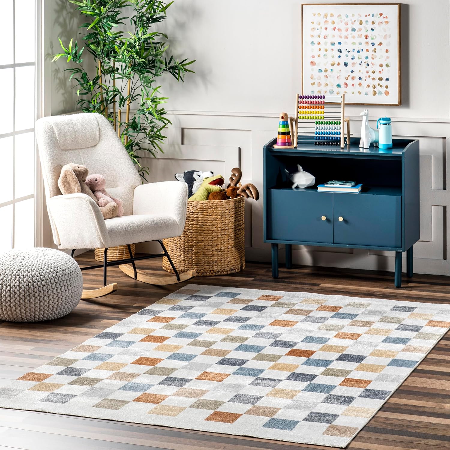 nuLOOM SpinClean Naya Multicolor/Off-White, 6'7" x 9', Checkered, Soft and Cozy, High Traffic, Stain Resistant, Easy Clean, Durable, Machine Washable Area Rug for Bedroom, Living Room, Dining, Foyer