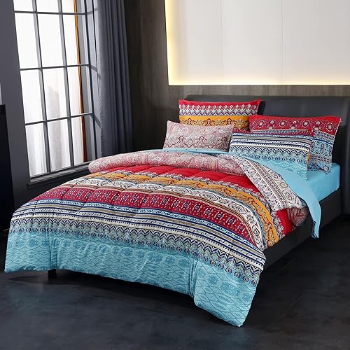 Juego de edredón reversible de 7 piezas con estampado colorido de estilo bohemio rojo y azul, tamaño matrimonial (1 edredón, 1 sábana encimera, 1