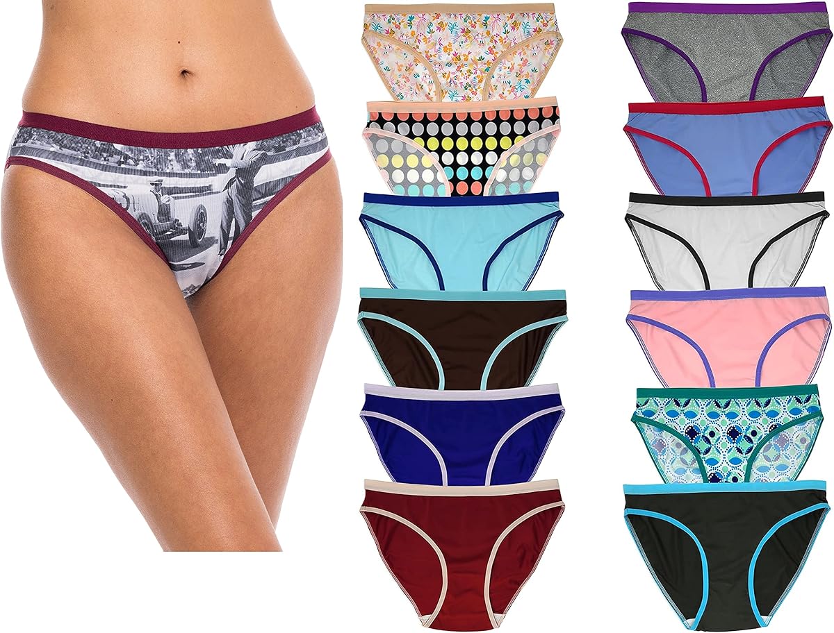 Sexy Basic Women’s 12 Pack Bikini Brief Panties | Ultra-Soft & Silky Nylon -Spandex Stretch Underwear