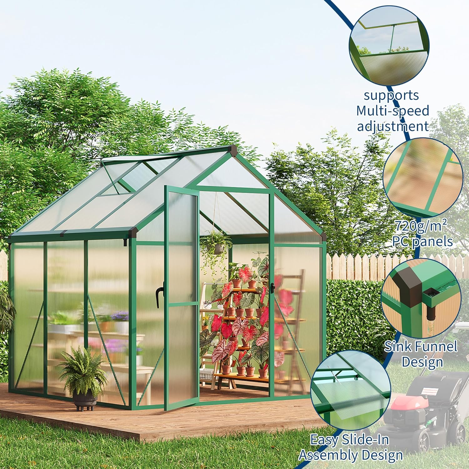 6X6 FT Greenhouse for Outdoors, Large Walk-in Polycarbonate Greenhouse Kit, Aluminum Frame, Lockable Door, Roof Vent, Ground Spikes, for Garden, Patio, Backyard, Outdoor Plant Growth