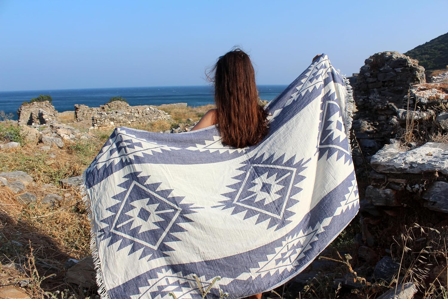 Bersuse 100% Cotton Tulum Turkish Towel Beach Towel Bath Towel Dual Layer Peshtemal Beach Blanket Beach Essentials - 37x70 Inches, Dark Blue