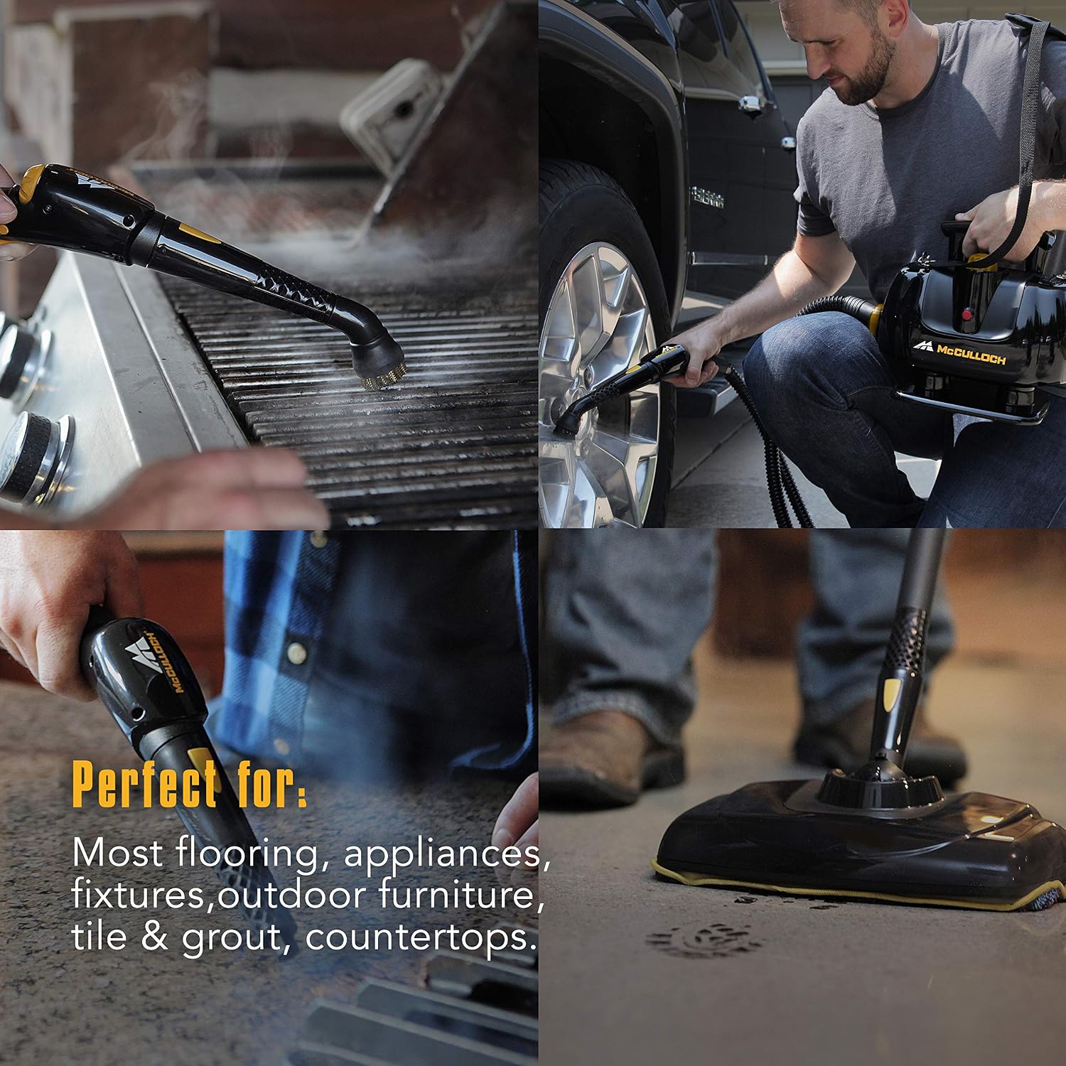McCulloch MC1270 Portable Power Cleaner with Floor Mop, Variable Steaming, 16-Piece Accessory Set, All-Natural Chemical-Free Cleaning, Black