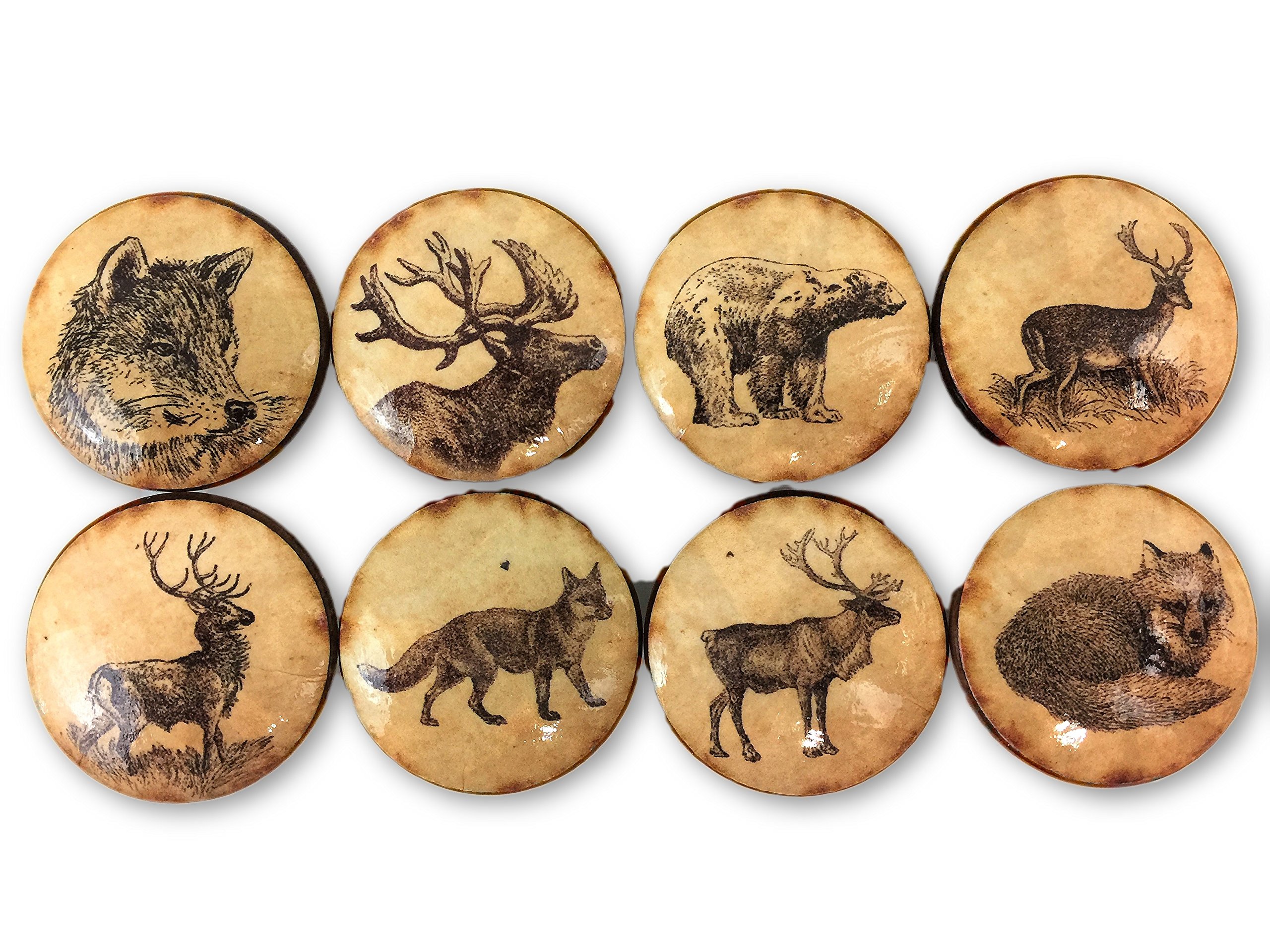 Woodland Kitchen Cabinet Knobs, Vintage Woodland Drawer Pulls, Rustic Animal Cabinet Handles, Vintage Brass & Wood Handle, Set of 8 Dresser Knobs for Closet & Doors, Bathroom, Bedroom or Drawer Knobs