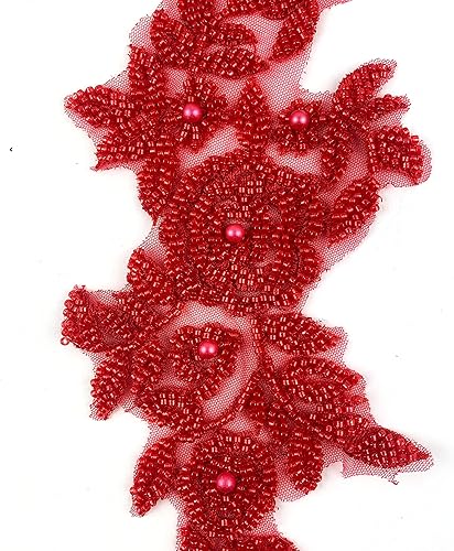 Miniatura 7 de Heyiwell 1 par de apliques de encaje bordado de encaje con cuentas 3D rojo vino hecho a mano, bordado floral con cuentas para costura, vestido de