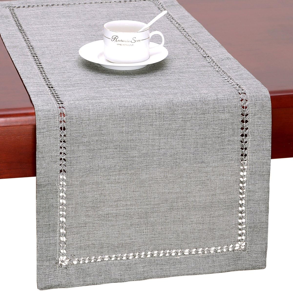 Grelucgo Handmade Hemstitch Gray Dining Table Runner Or Dresser Scarf, Rectangular 14 by 72 Inch