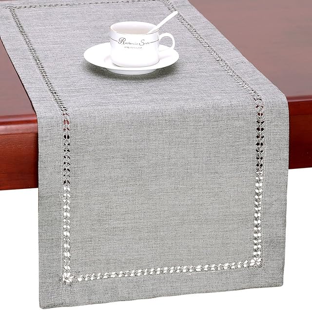 GRELUCGO Handmade Hemstitch Gray Dining Table Runner Or Dresser Scarf,Rectangle 14 x 48 Inch