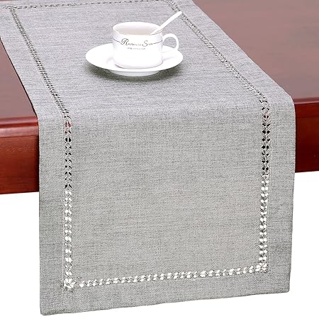 Grelucgo Handmade Hemstitch Gray Dining Table Runner Or Dresser Scarf, Rectangular 14 by 108 Inch
