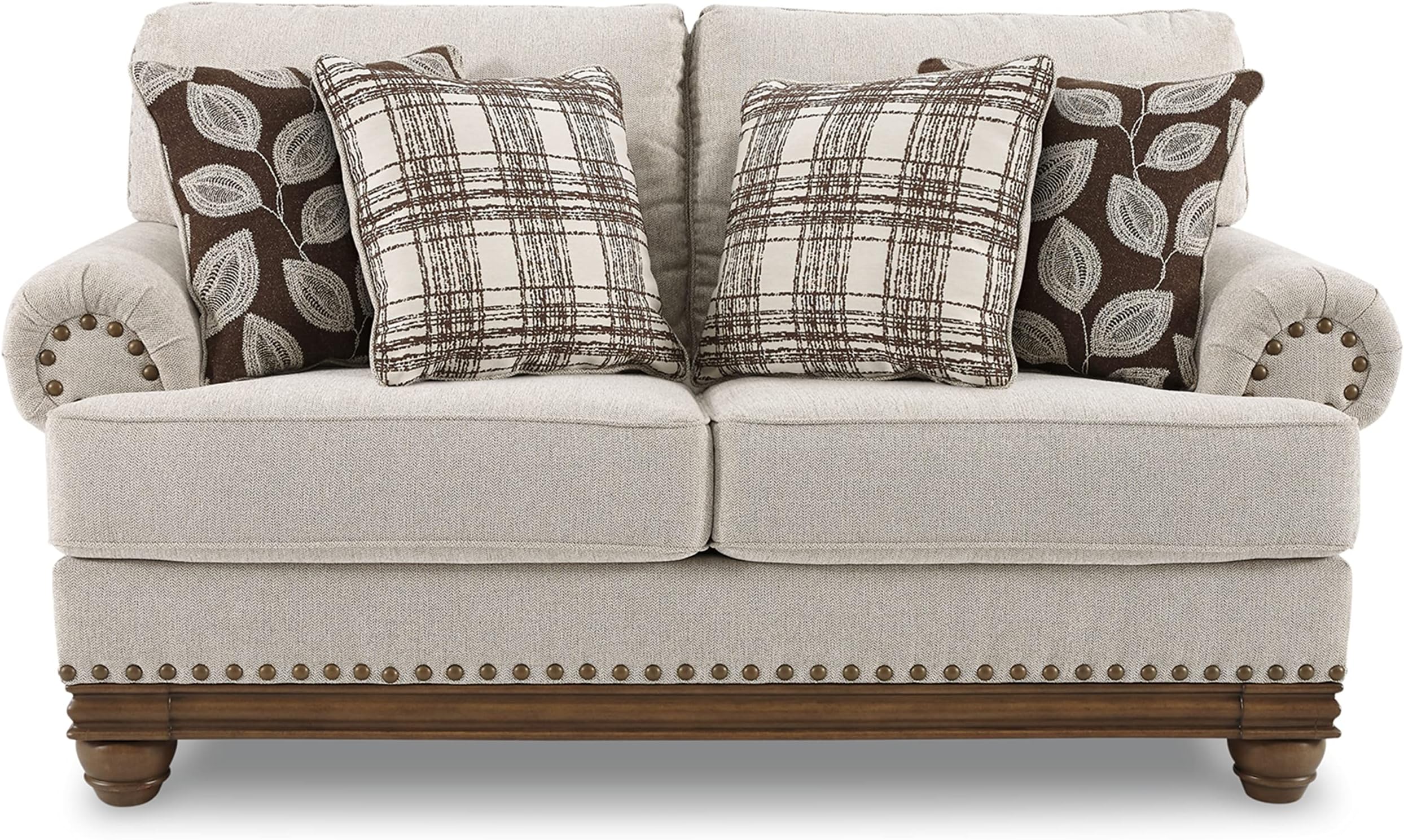 Signature Design by Ashley Harleson Modern Farmhouse Loveseat with Nailhead Trim and 4 Accent Pillows, Beige